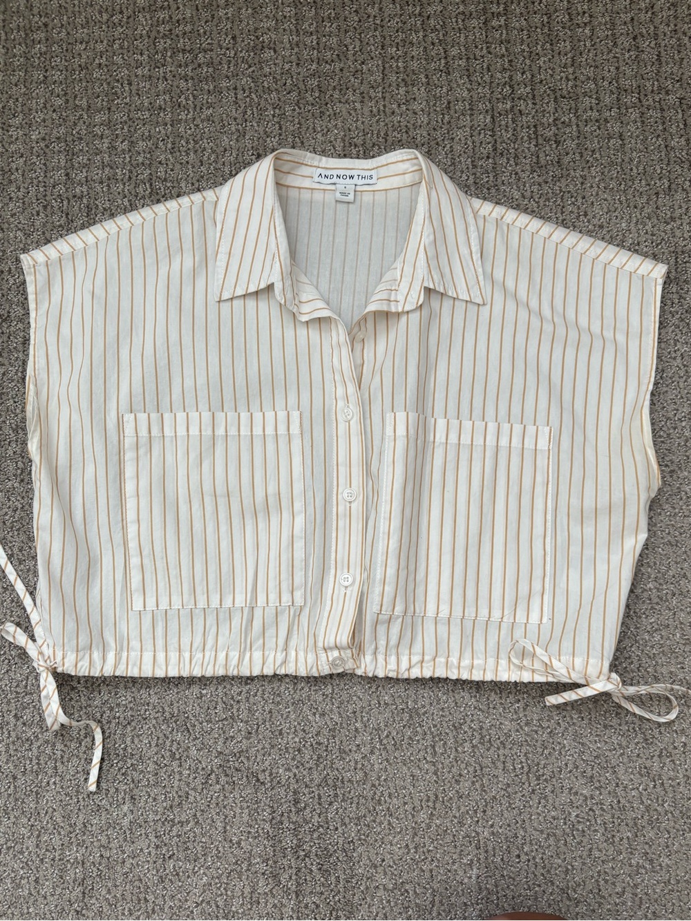 AND NOW THIS Cream & Tan Striped Cropped Button Front Top